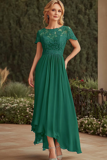 dentelle vert foncé asymétrique Robe mère de la mariée à manches courtes